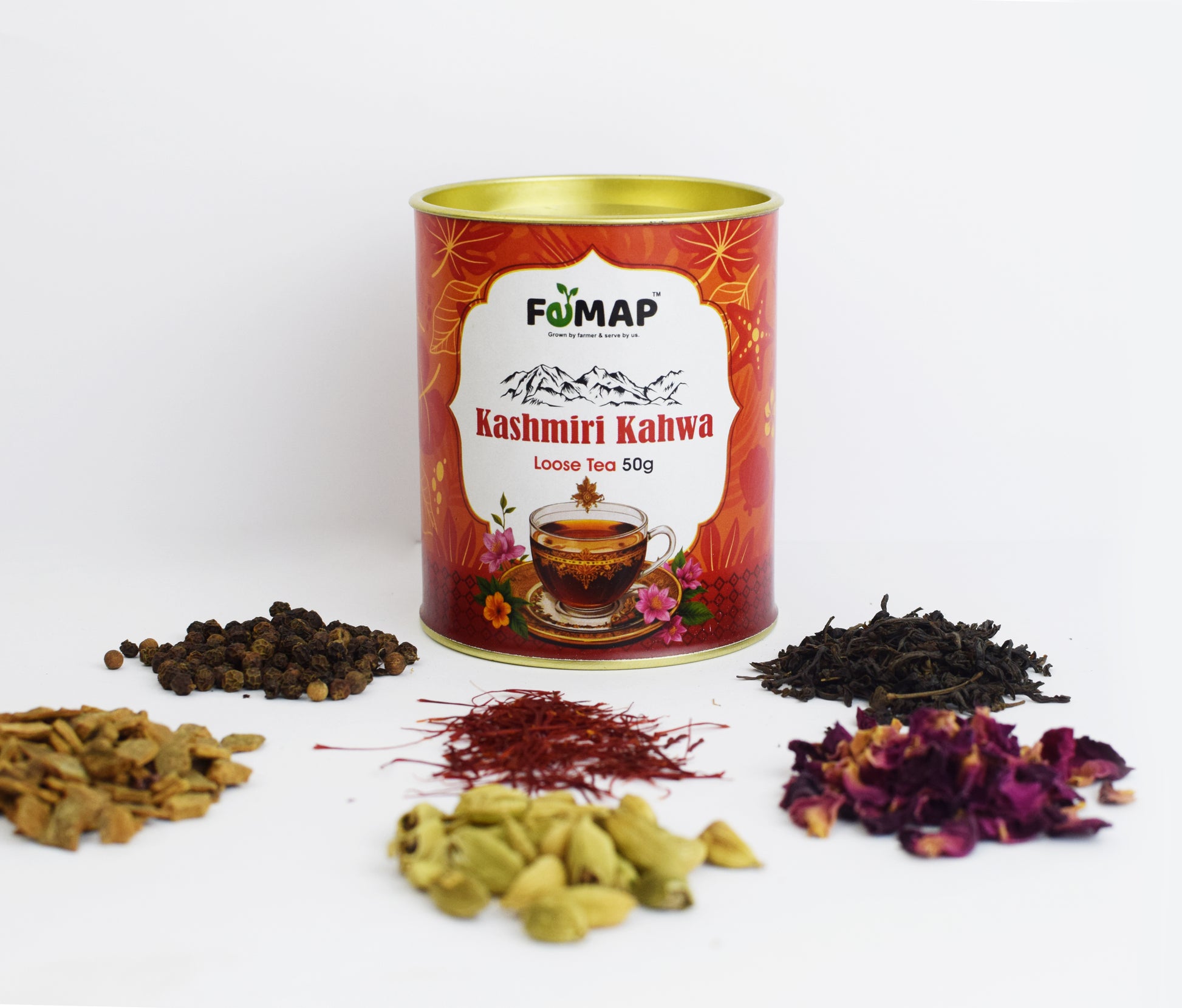 femap kashmiri kahwa tin box of loose tea with all ingredients raw cardamom, rose petals green tea saffron and cinnamon