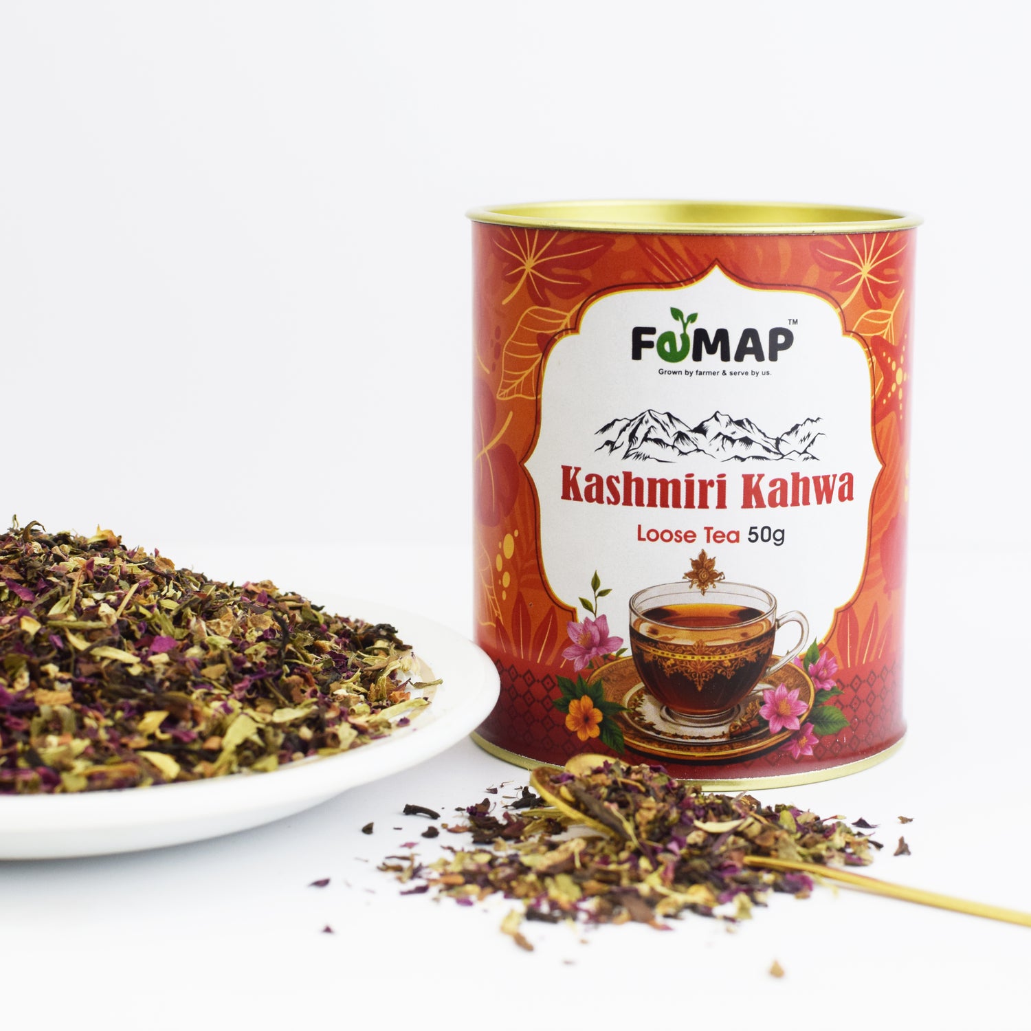 FEMAP Kashmiri Kahwa Loose Tea 50g – front view of packaging with golden tinted green tea blend