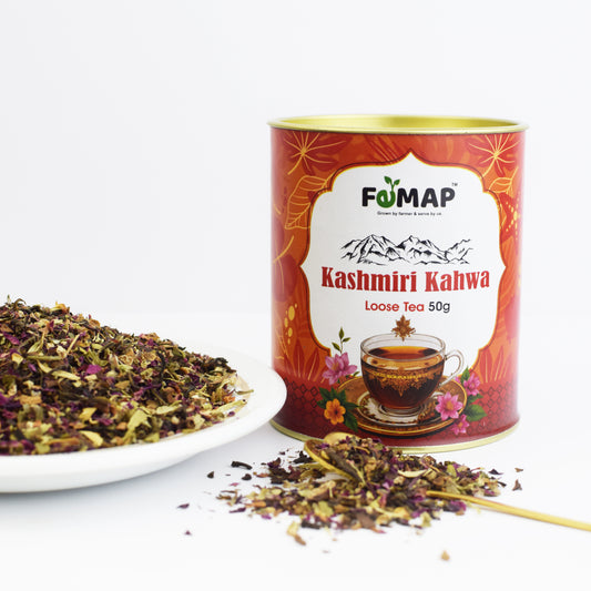 FEMAP Kashmiri Kahwa Loose Tea 50g – front view of packaging with golden tinted green tea blend