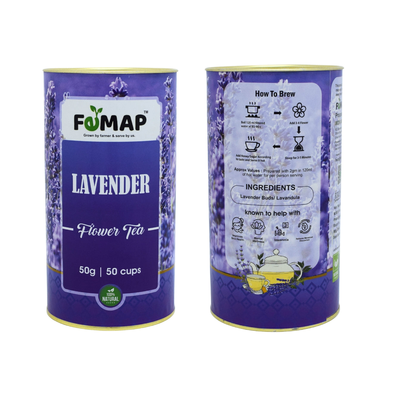 Femap Lavender Flower Tea 50g front and back pack with brewing instructions and natural lavender buds ingredients