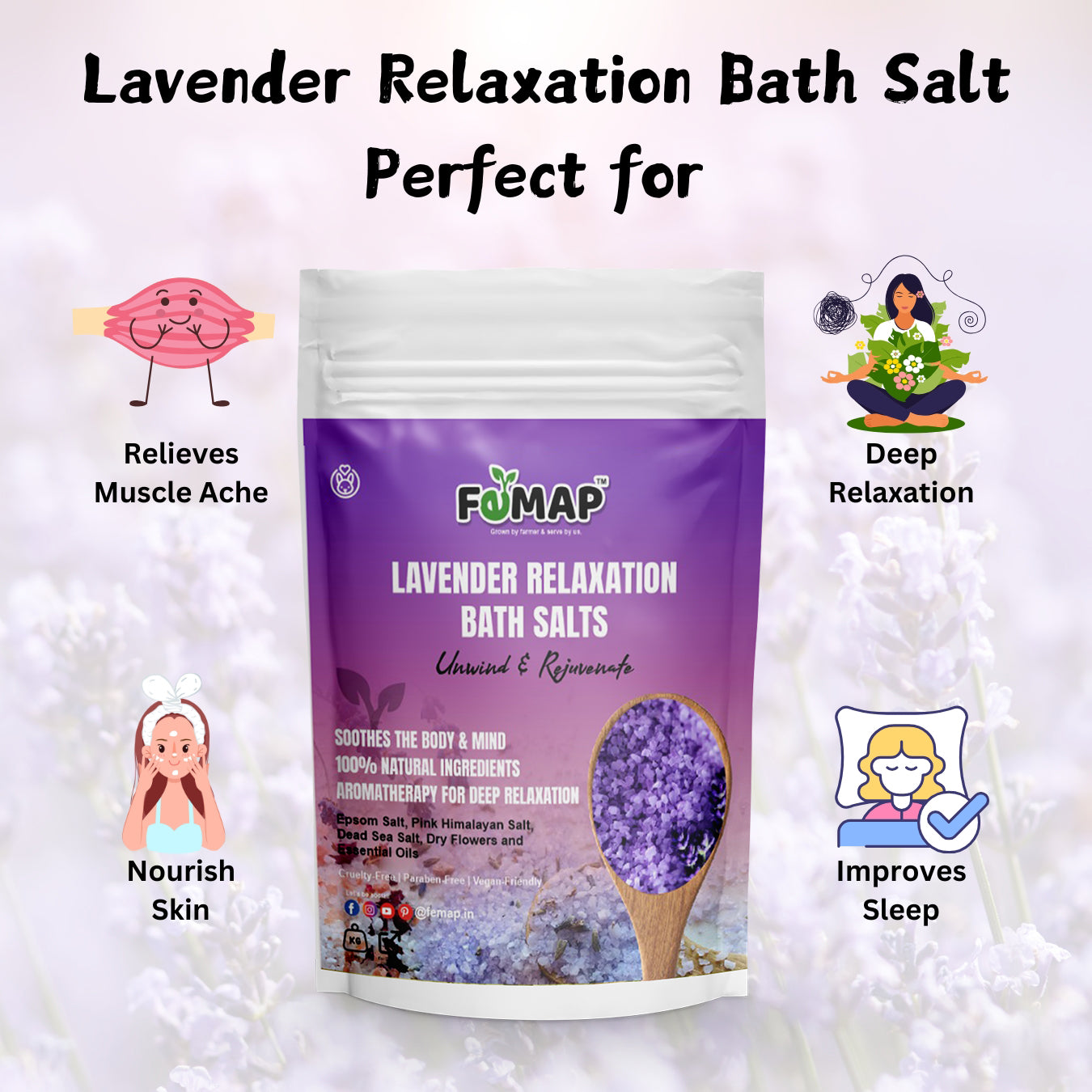 FEMAP Lavender Relaxation Bath Salts – Perfect for relieving muscle ache, nourishing skin, and improving sleep with calming lavender aroma.