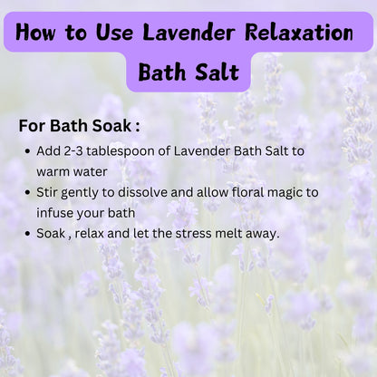FEMAP Lavender Relaxation Bath Salts – Usage instructions: Add 2-3 tablespoons to warm bath water for a relaxing soak