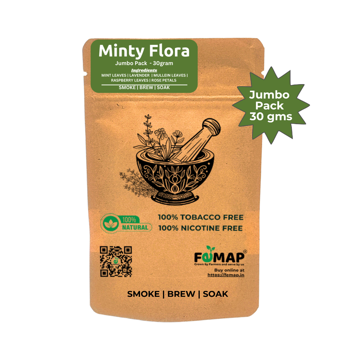 Back view of FEMAP Minty Flora Herbal Smoking Blend – Ingredients include mint leaves, lavender, raspberry leaves, and rose petals.