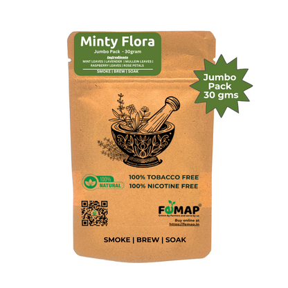 Back view of FEMAP Minty Flora Herbal Smoking Blend – Ingredients include mint leaves, lavender, raspberry leaves, and rose petals.