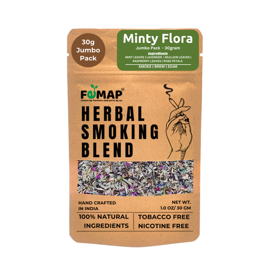 FEMAP Minty Flora Herbal Smoking Blend – Front view of 30g jumbo pack, 100% natural ingredients, tobacco-free and nicotine-free