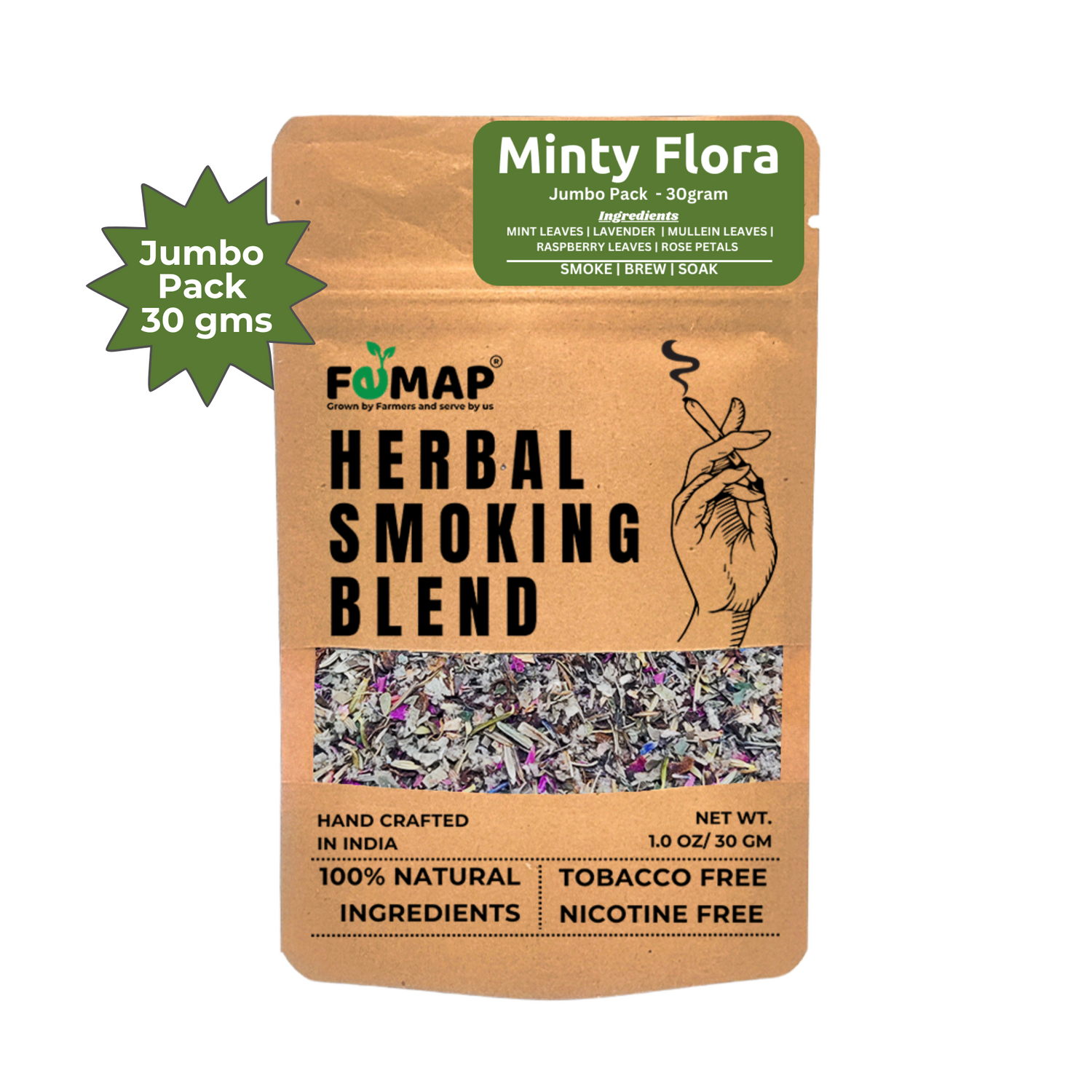 FEMAP Minty Flora Herbal Smoking Blend – Front view of 30g jumbo pack
