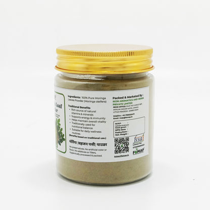 Jar of Moringa Oleifera powder with a gold lid on a white background
