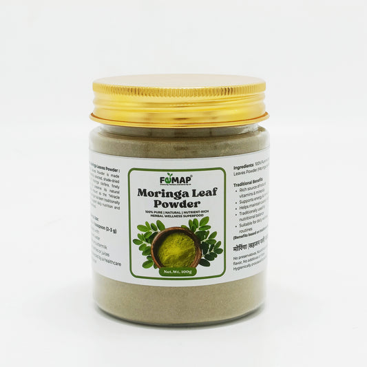 Jar of Moringa Leaf Powder with a gold lid on a white background