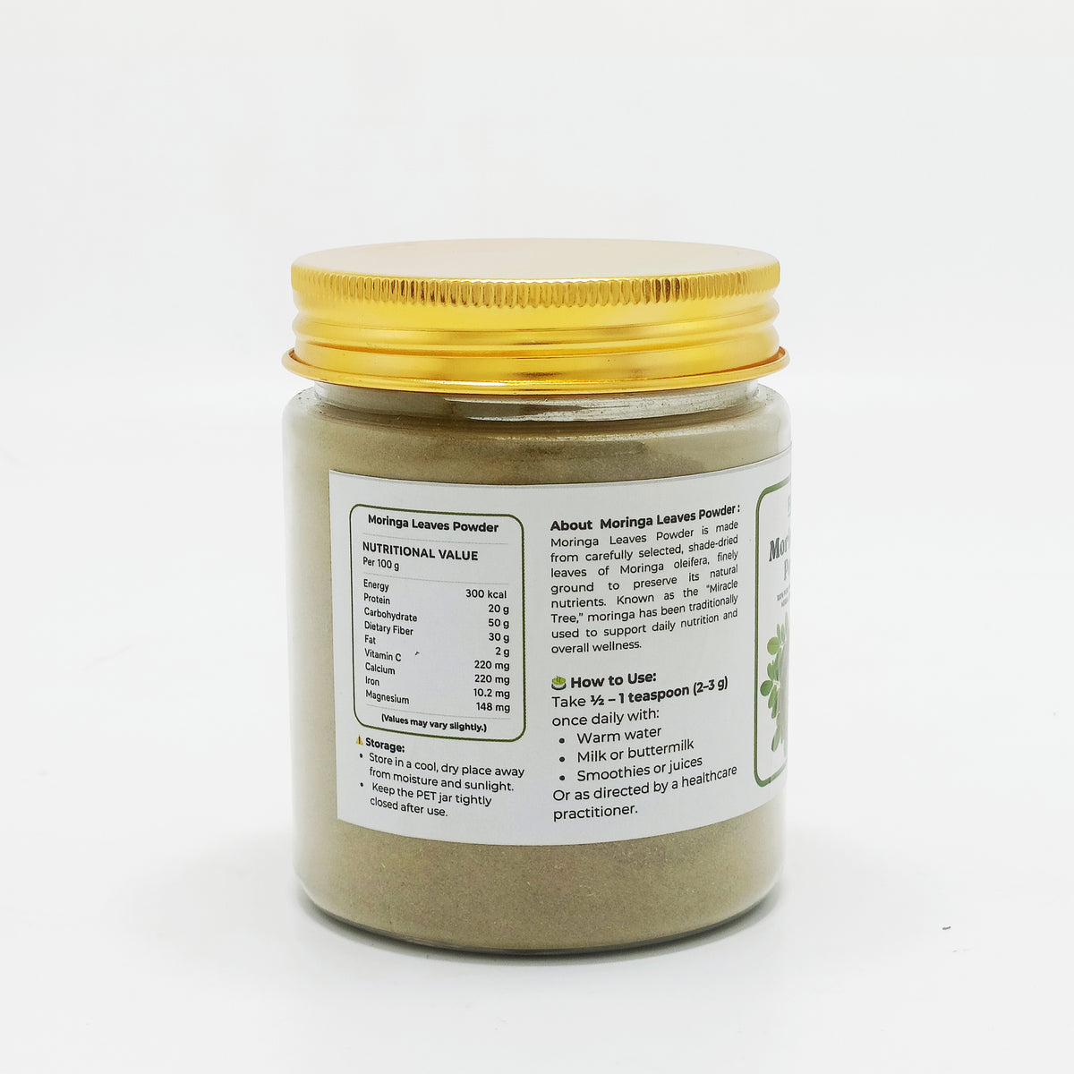 Jar of Moringa Leaves Powder with a gold lid on a white background