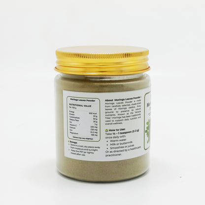 Jar of Moringa Leaves Powder with a gold lid on a white background