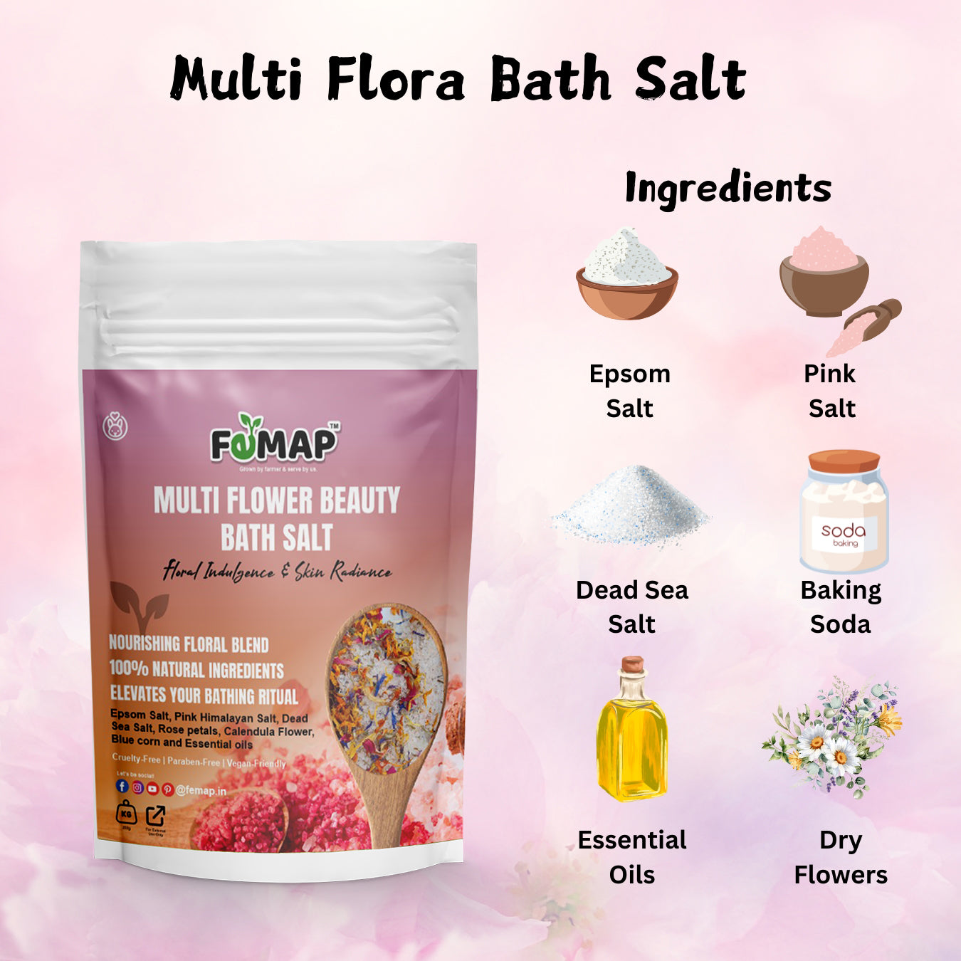 FEMAP Multi Flora Bath Salt – Ingredients include epsom salt, pink salt, dead sea salt, baking soda, essential oils, and dry flowers.