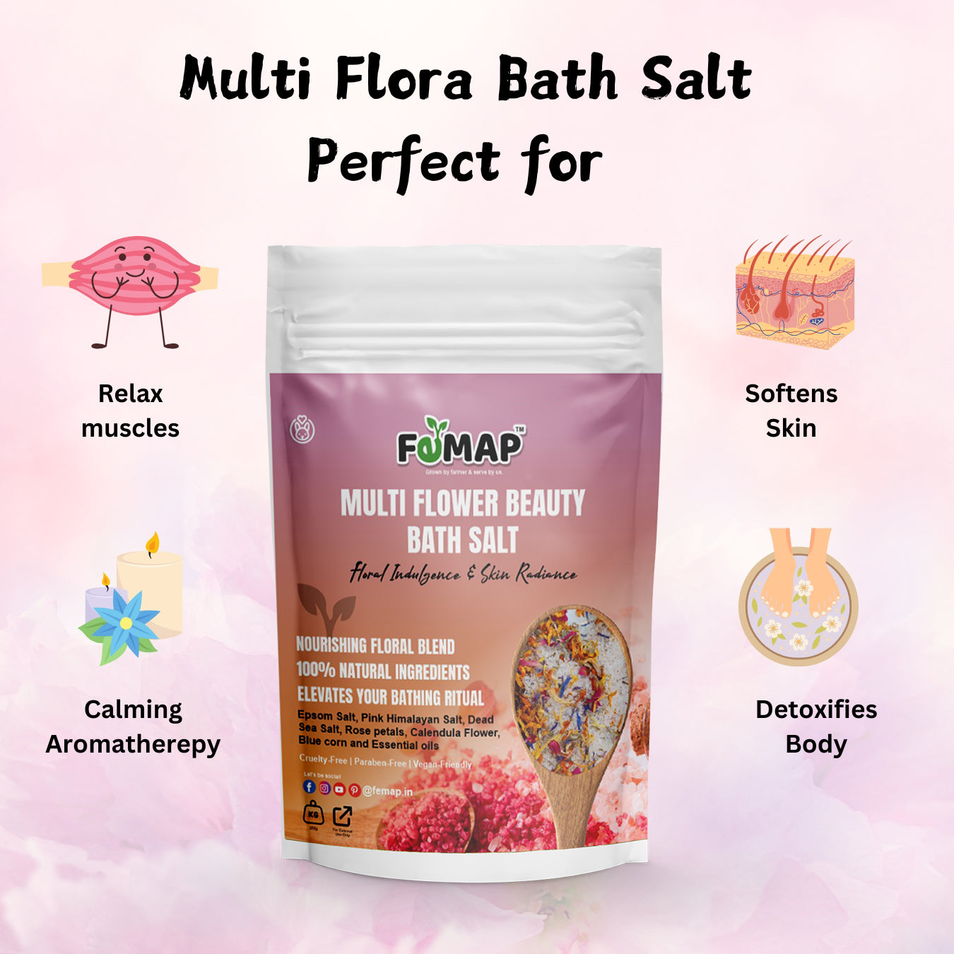 FEMAP Multi Flora Bath Salt – Perfect for relaxing muscles, softening skin, and detoxifying the body with natural floral ingredients.