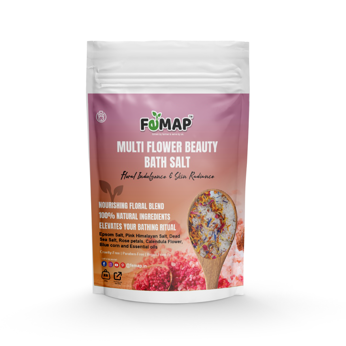 FEMAP Multi Flower Beauty Bath Salt – Front view of 30g pack, nourishing floral blend with epsom salt, pink Himalayan salt, and rose petals.