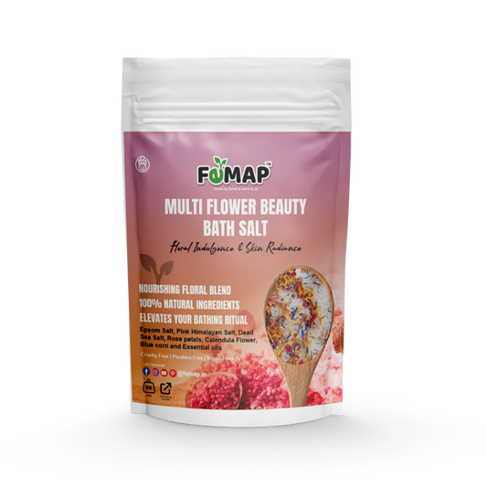 FEMAP Multi Flower Beauty Bath Salt – Front view of 30g pack, nourishing floral blend with epsom salt, pink Himalayan salt, and rose petals.