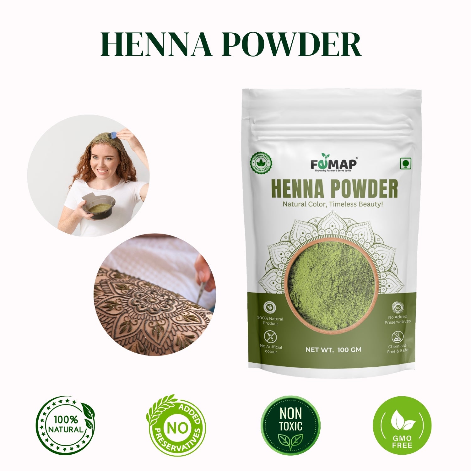 FEMAP Natural Henna Powder – 100% pure herbal henna for hair coloring and mehndi art, no preservatives, non-toxic, and GMO-free – 100gm pack.