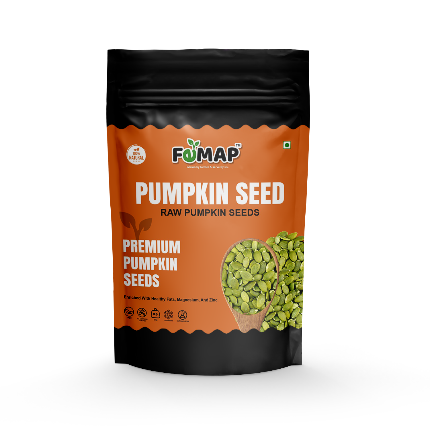 FEMAP Premium Raw Pumpkin Seeds Front View - Rich in Healthy Fats, Magnesium, and Zinc