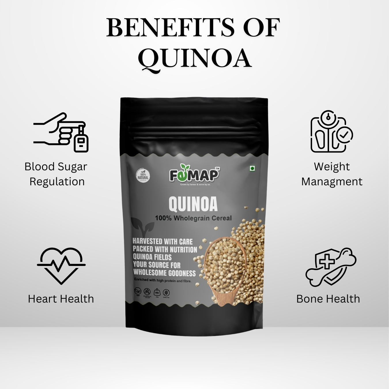 FEMAP Quinoa health benefits including blood sugar regulation, weight management, heart and bone health.