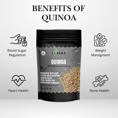 FEMAP Quinoa health benefits including blood sugar regulation, weight management, heart and bone health.