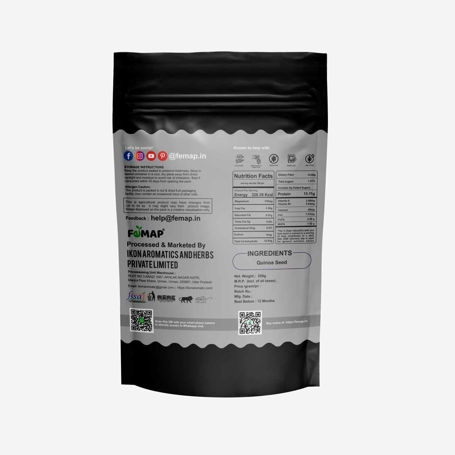 Back view of FEMAP Quinoa pack showing nutritional information, ingredients, and storage instructions.