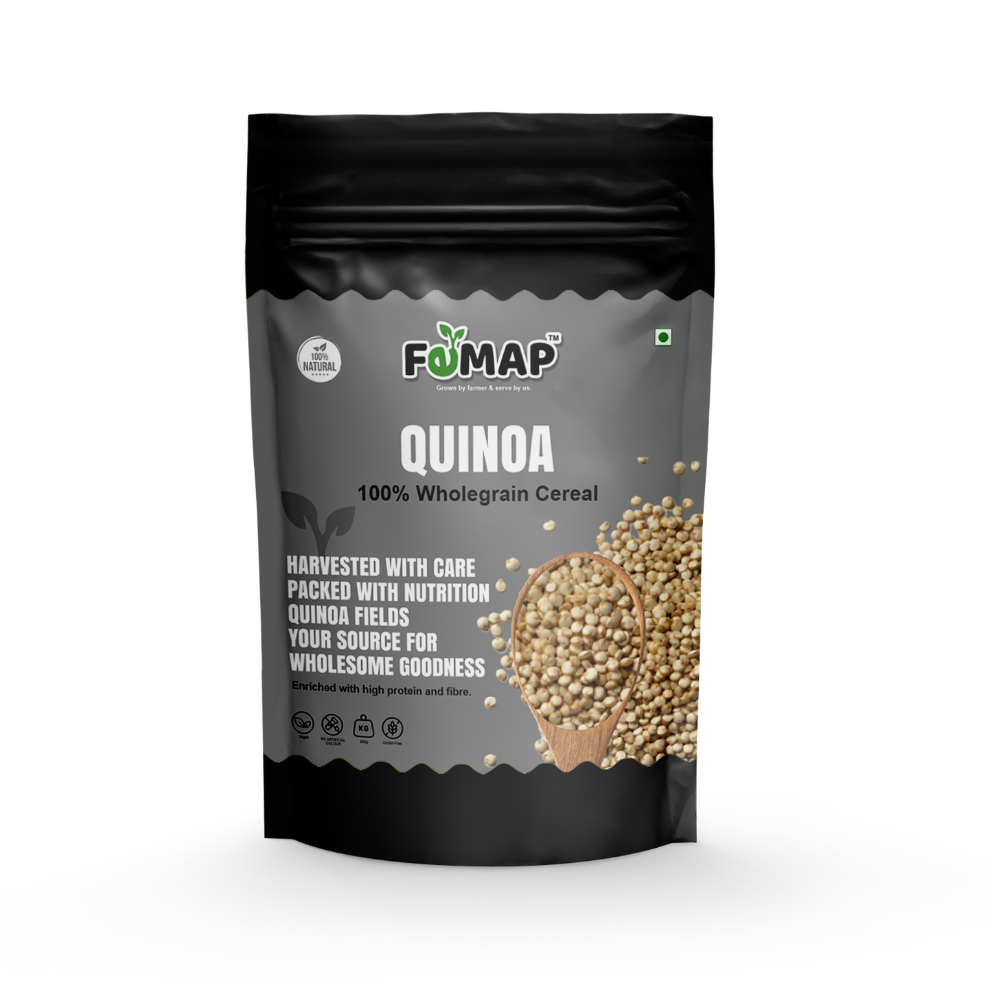 Front view of FOMAP Quinoa 100% Wholegrain Cereal pack – high protein, fiber-rich, natural superfood