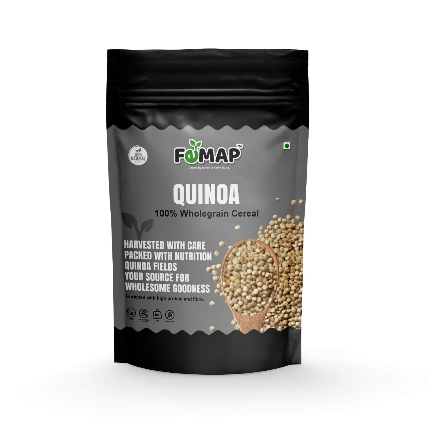 Front view of FOMAP Quinoa 100% Wholegrain Cereal pack – high protein, fiber-rich, natural superfood