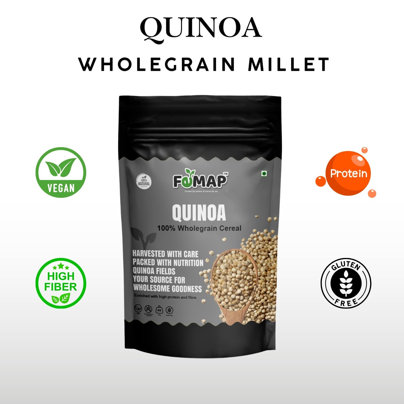 FEMAP Quinoa Wholegrain Millet with health icons for vegan, protein, high fiber, and gluten-free properties.