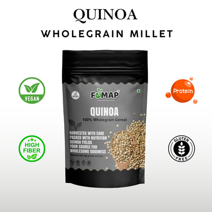 FEMAP Quinoa Wholegrain Millet with health icons for vegan, protein, high fiber, and gluten-free properties.
