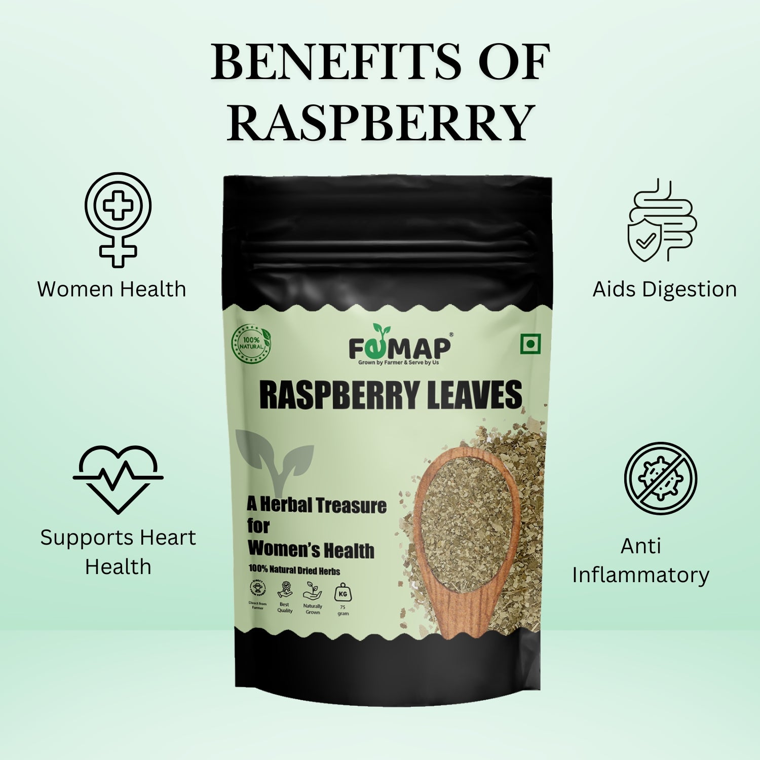 FEMAP Raspberry Leaves – 100% natural dried herbs, a herbal treasure for women’s health, supporting overall wellness.
