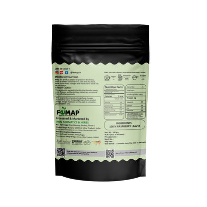 FEMAP Raspberry Leaves – Back view showing ingredients, usage directions, and key health benefits for women