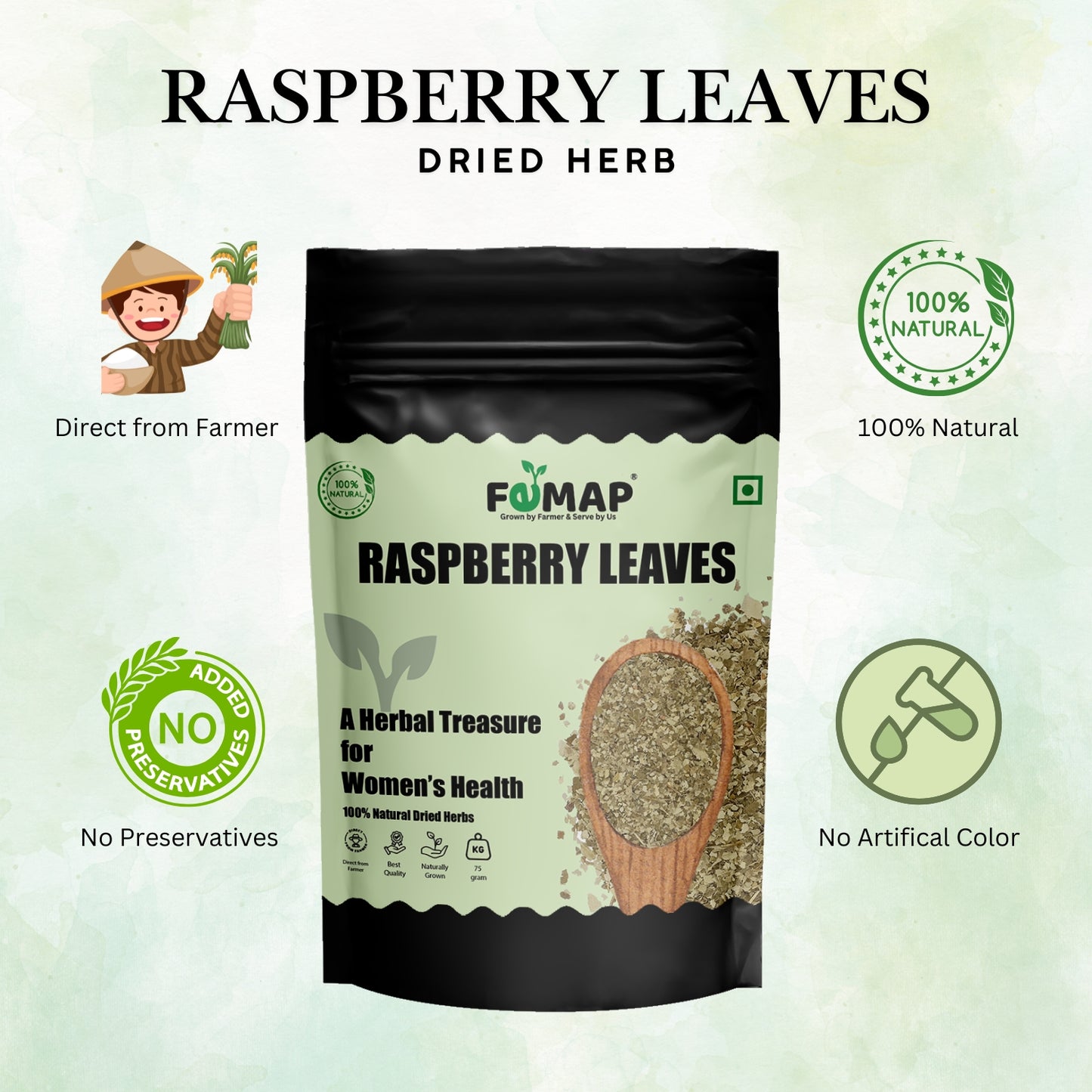 FEMAP Raspberry Leaves – 100% natural dried herbs, a herbal treasure for women’s health, supporting overall wellness.