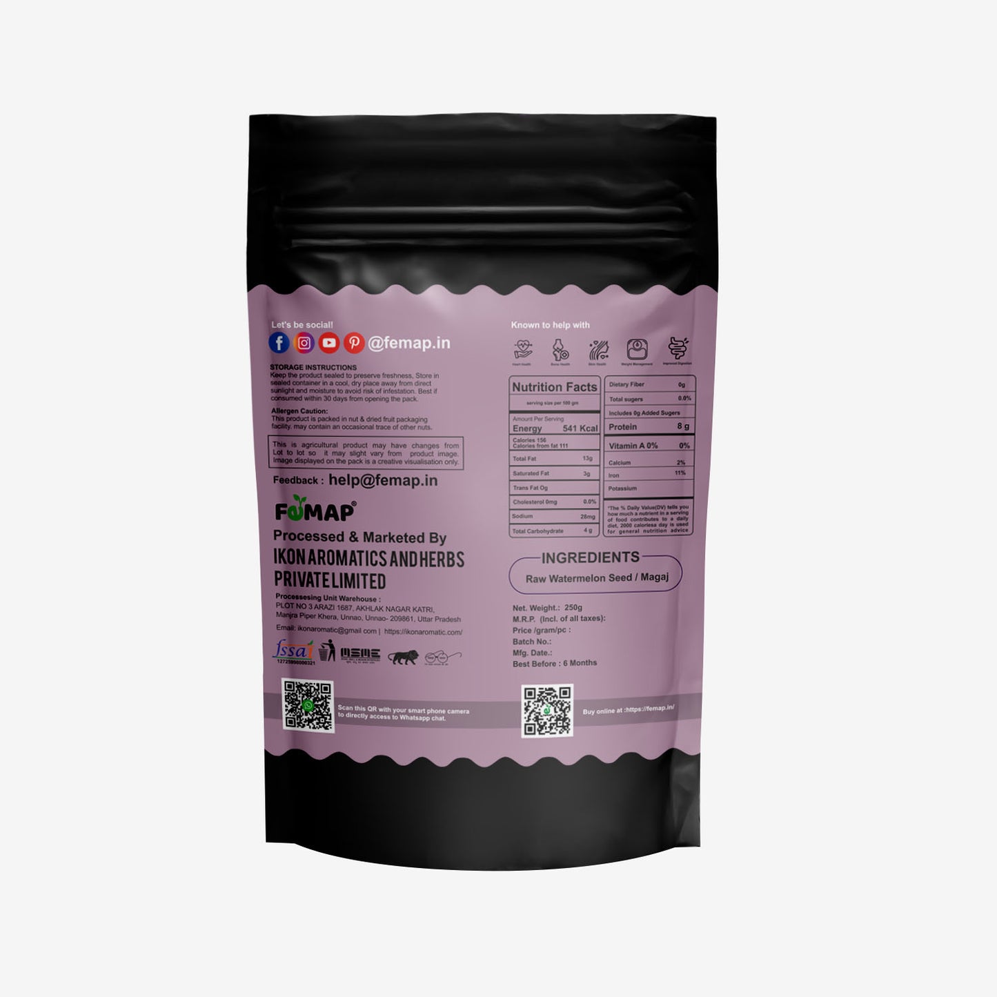 Back of Femap Raw Watermelon Seeds Pack – Nutritional Information and Ingredients.