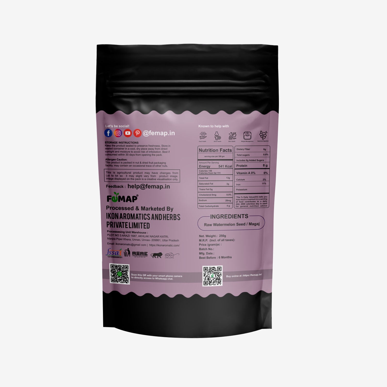 Back of Femap Raw Watermelon Seeds Pack – Nutritional Information and Ingredients.