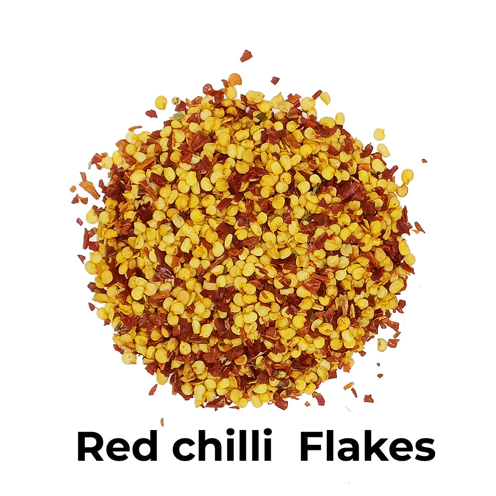 Top view of FEMAP red chilli flakes for pizza and pasta seasoning