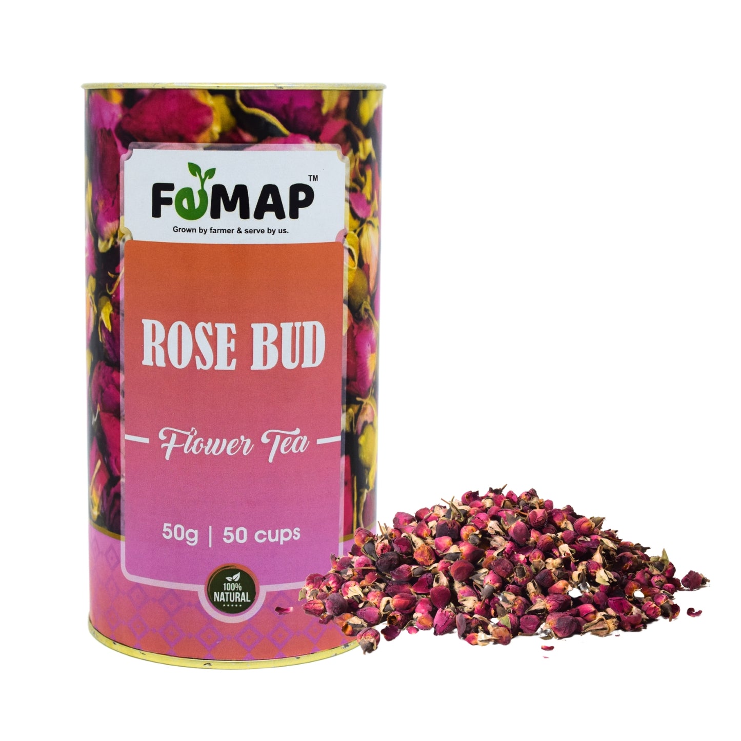 A box of FEMAP Rose Bud Flower Tea with a visual representation of dried rose buds in front of it.