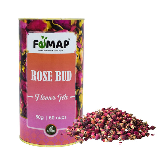 A box of FEMAP Rose Bud Flower Tea with a visual representation of dried rose buds in front of it.