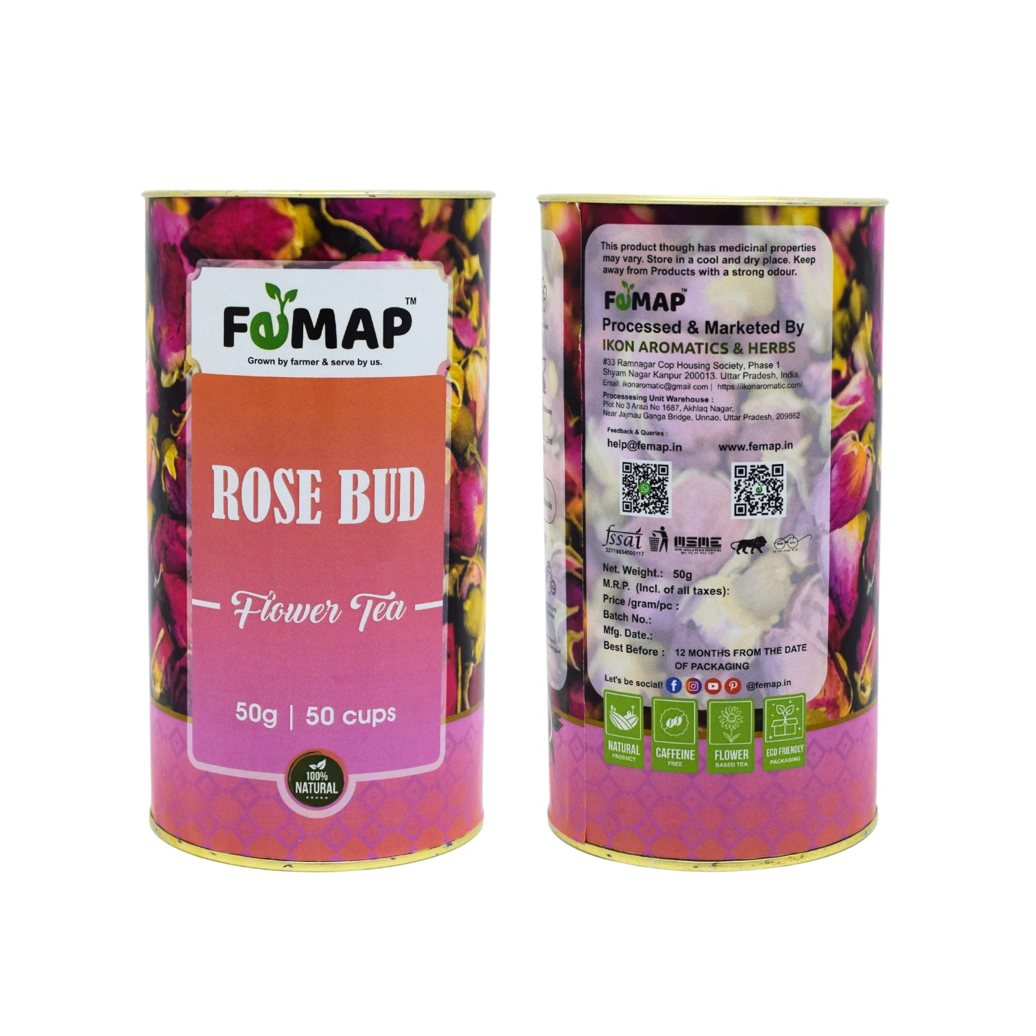 FEMAP Rose Bud Flower Tea packaging with nutritional, branding, and manufacturer details