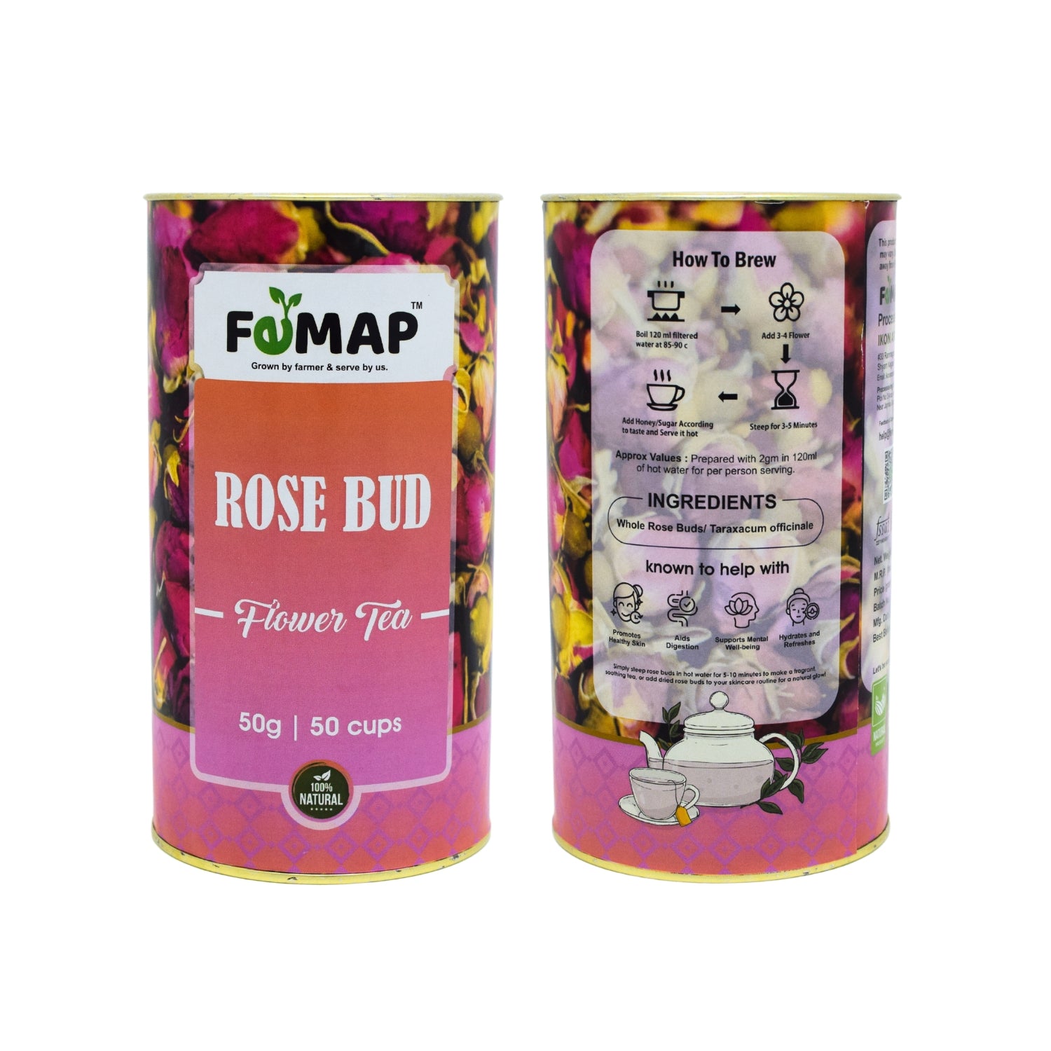 FEMAP Rose Bud Tea back label showing ingredients and brewing instructions for best taste