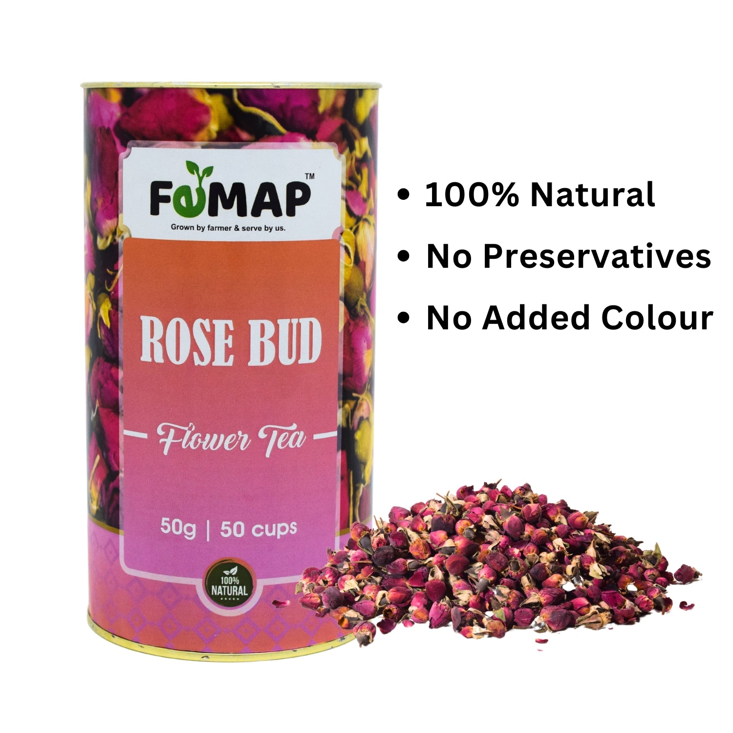 FEMAP Rose Bud Tea with label highlighting 100% natural, no preservatives, no added color