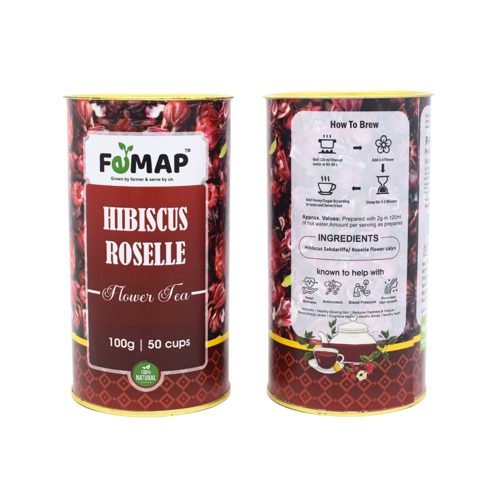 100g Femap Hibiscus Roselle Flower Tea with dried petals, natural herbal tisane for wellness and digestion