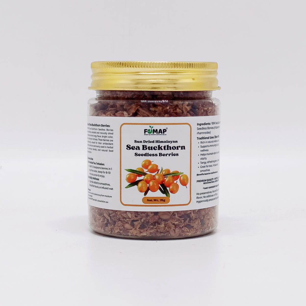 Jar of FEMAP Sea Buckthorn Seedless Berries on a white background