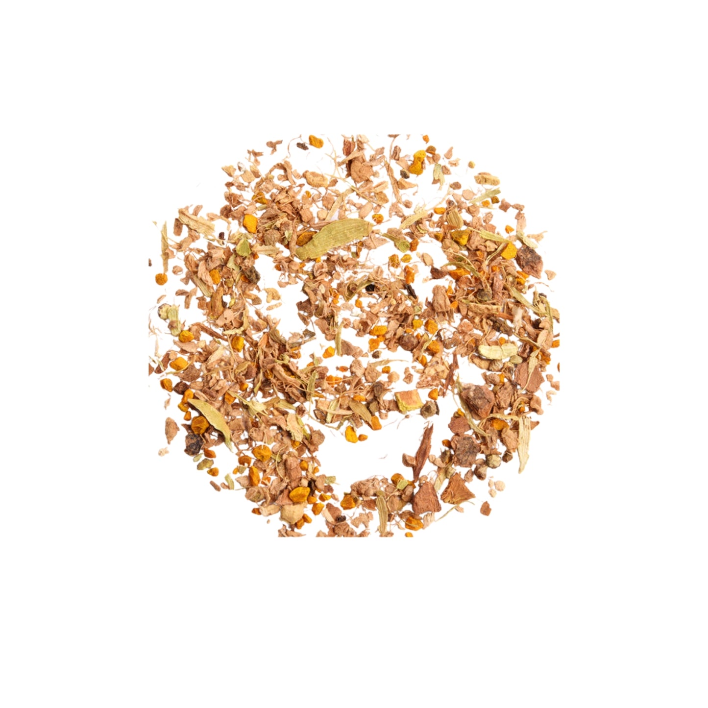 Close‑up of the turmeric spiced tea blend from FEMAP – showing texture and spices