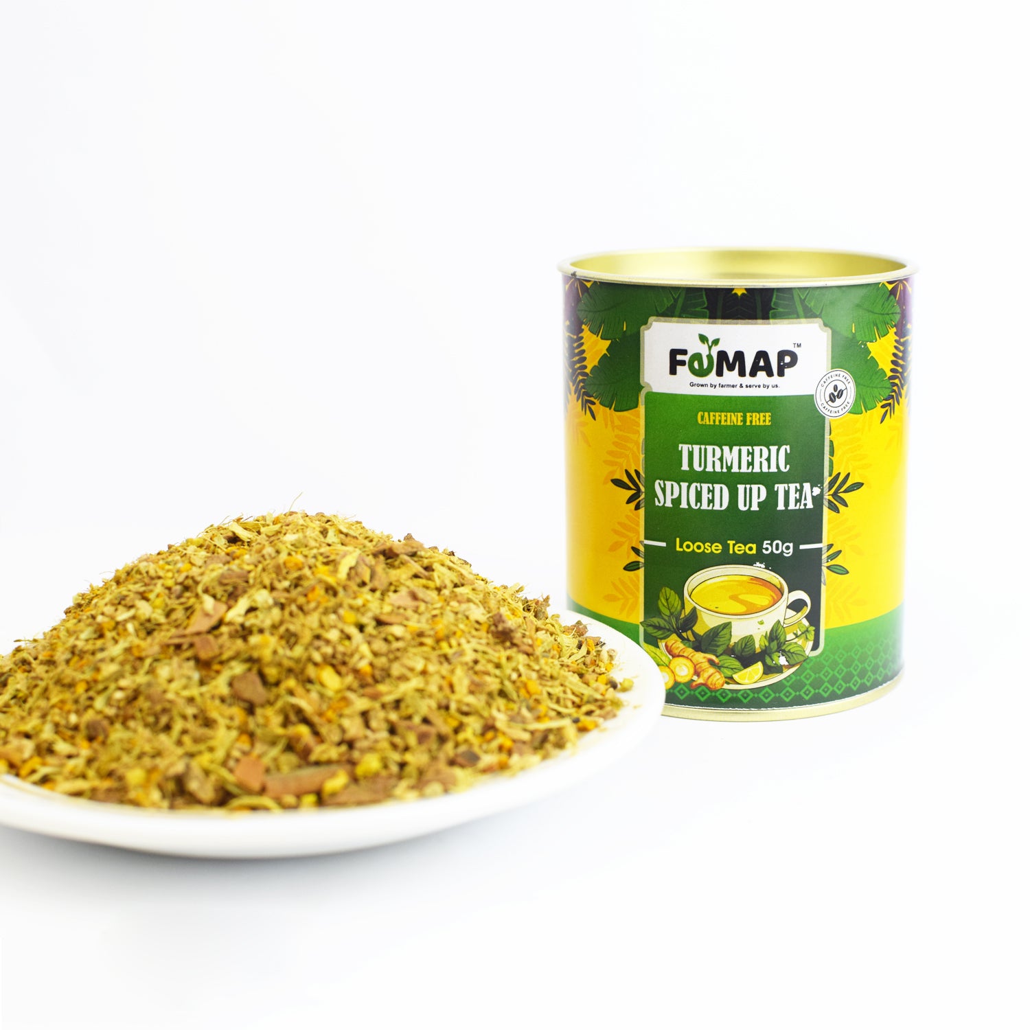 FEMAP Turmeric Spiced‑Up Loose Tea with bowl of blend and packaging