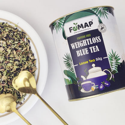 FEMAP Blue Tea 50g packaging with bowl of butterfly pea flowers – natural herbal blue tea display