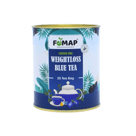 A packaged canister of FEMAP Weight Loss Blue Tea with 25 tea bags, featuring an illustration of a teacup and butterfly pea flowers.