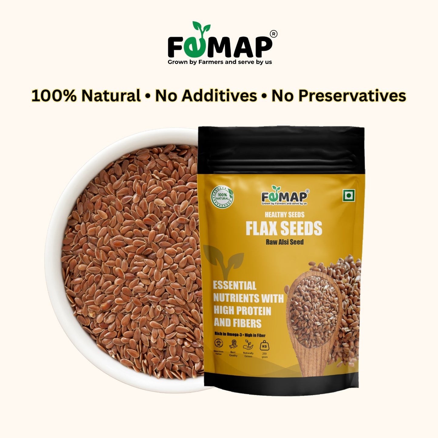 Flax seeds in a bowl and packaging with FEMAP branding on a white background
