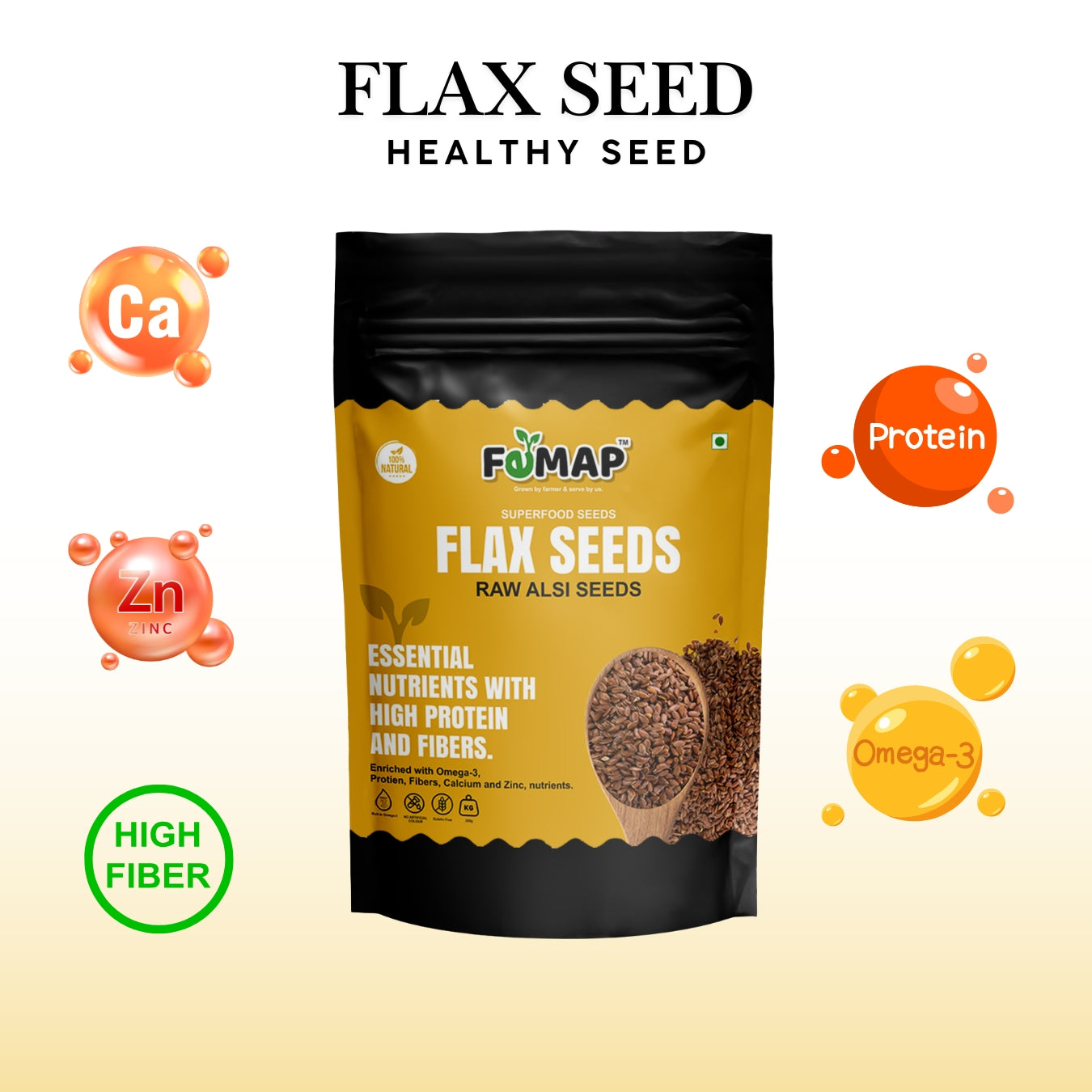 Health benefits of FEMAP flax seeds with Omega-3, protein, calcium, zinc, and high fiber