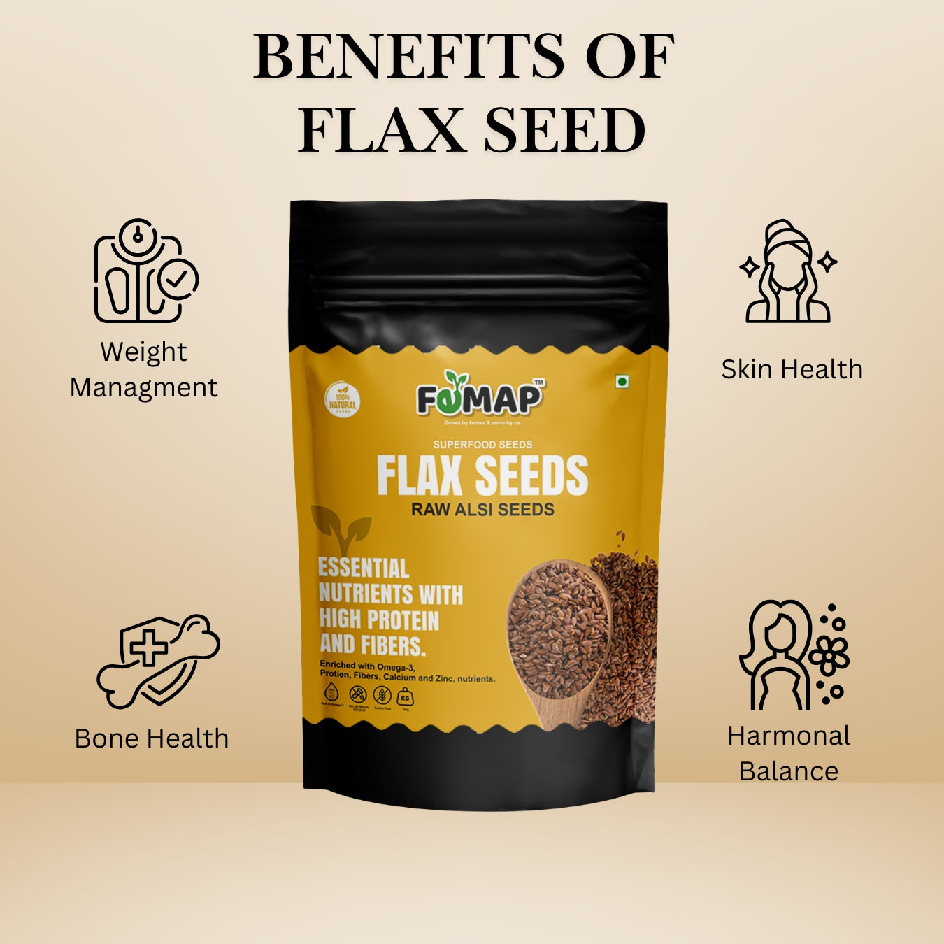 Benefits of flax seeds including weight management, skin health, bone health, and hormonal balance