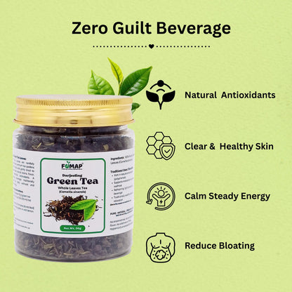 Jar of green tea with health benefits on a green background