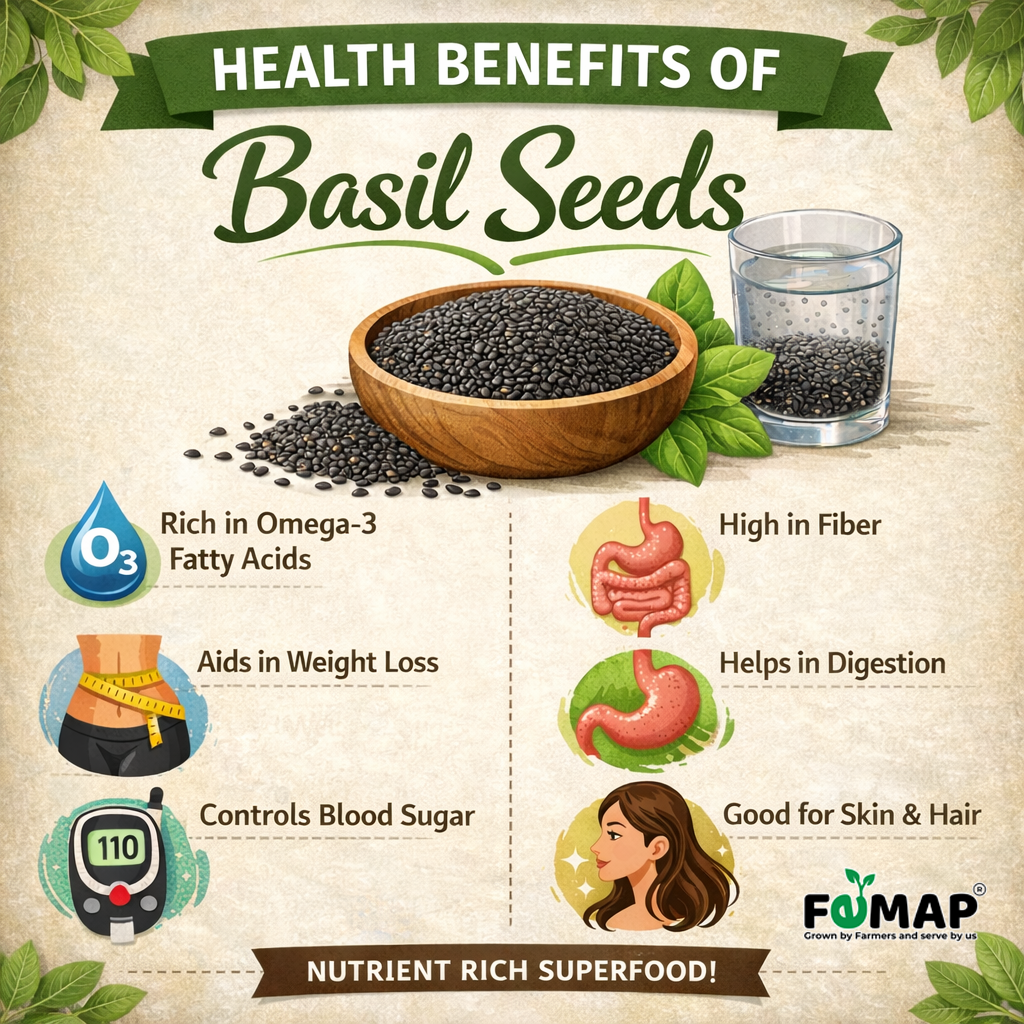 Health benefits of basil seeds with a bowl of seeds, glass of water, and icons indicating benefits.