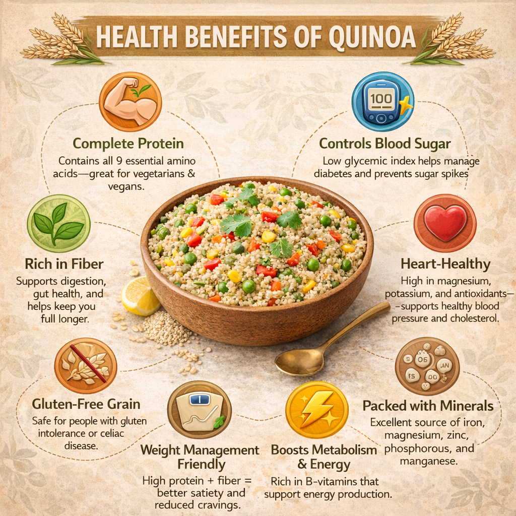 Infographic detailing the health benefits of quinoa with a bowl of quinoa salad.